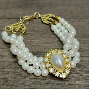 Vintage Gold Tone Faux Pearls and Crystals Three Strand and Pendant Bracelet
